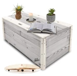 Pakowna Przestronna Skrzynia Stolik kawowy Komoda ze schowkiem Mebel otwierany Drewniane siedzisko Na Kółkach W Kolorze Pastelowej Szarości Udekorowana Białymi Listwami  HADE1 SNP BI 