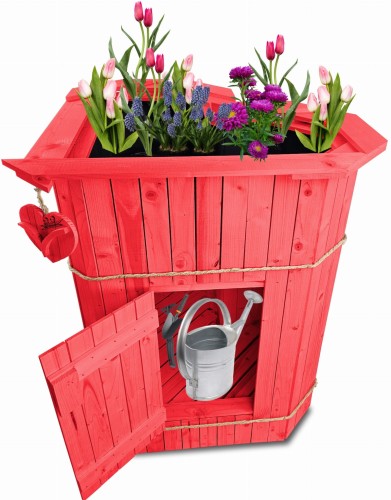 Duża Donica Drewniana VIP Kwietnik Na Pelargonie Serce Walentynki Warzywnik Ze Schowkiem Na Narzędzia Donice Ogrodowe Kolor Czerwony Tarasowe Doniczka Wysoka Ozdobna Mebel SERCE3 CB