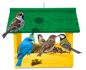 Prosty karmnik dla ptaków na ziarno na słonecznik kolor żółty impregnowany domek dla ptaszków na balkon taras parapet budka dla sikorek K204 ZB K
