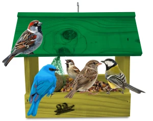 Mały karmnik drewniany solidny impregnowany z haczykiem do zawieszenia na drzewie do postawienia na tarasie balkonie budka dla ptaszków K204 OLI K