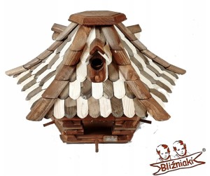 Duży karmnik ze spichlerzem na pokarm sypki dla małych ptaków zimujących sikorek wróbli Zestaw na stojaku ręcznie wykonany Dachówka kolory (K22 O BI)