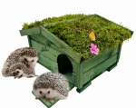 Drewniany Domek dla JEŻA Legowisko Budka lęgowa  CIEPŁY miękki zielony daszek z mchu  Zielony dach ekologiczny (HDJ8 K) 